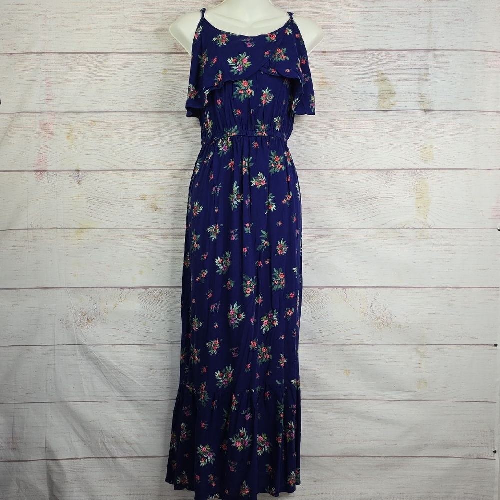 Peyton & Parker Blue Ruffled Smocked Flutter Maxi Dress with Flutter Top size L